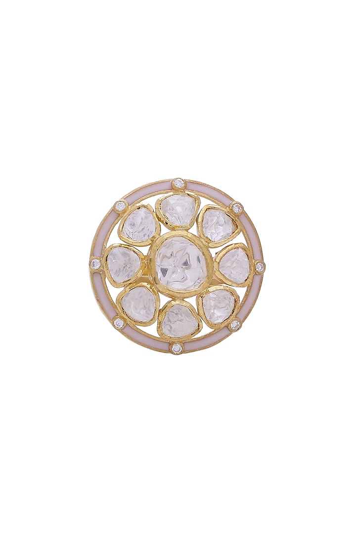 Gold Finish Kundan Adjustable Ring In Sterling Silver by Zeeya Luxury Jewellery