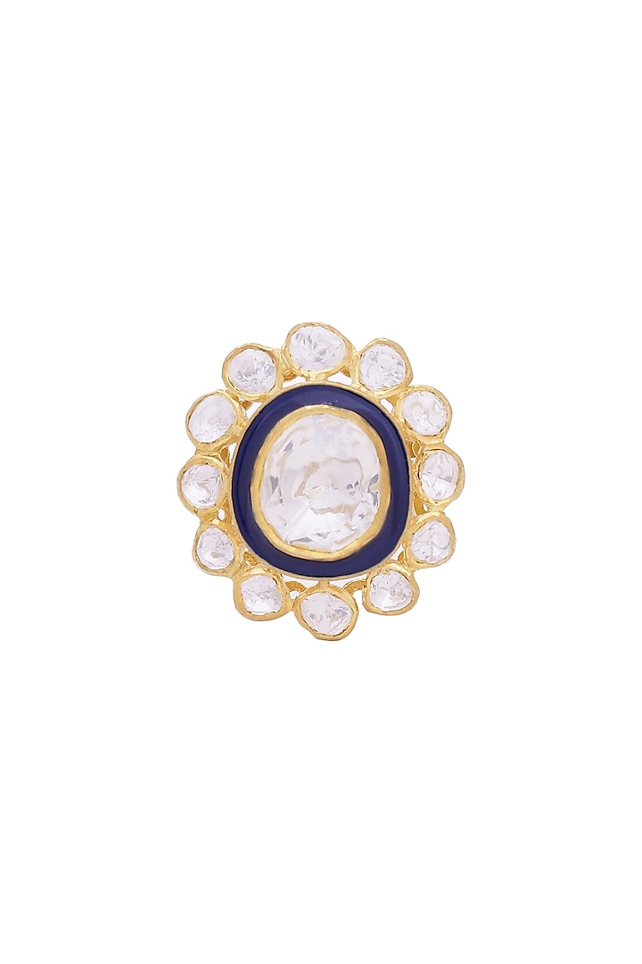 Gold Finish Kundan Meenakari Ring In Sterling Silver by Zeeya Luxury Jewellery