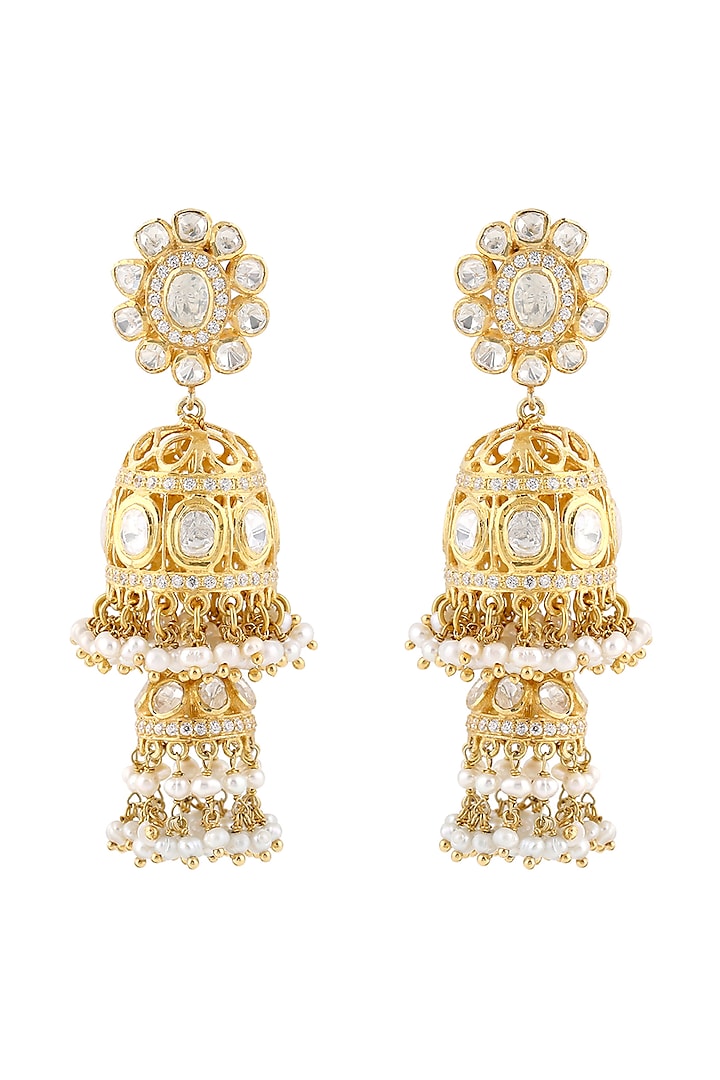 Gold Finish Meenakari Pearl Earrings In Sterling Silver by Zeeya Luxury Jewellery