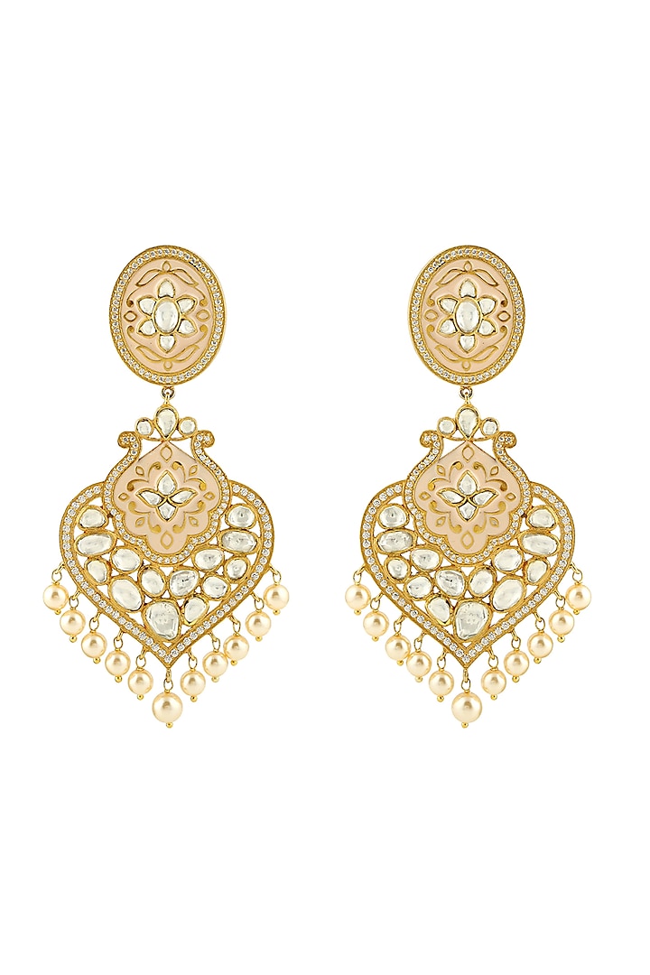 Gold Finish Pearl & Kundan Earrings In Sterling Silver by Zeeya Luxury Jewellery