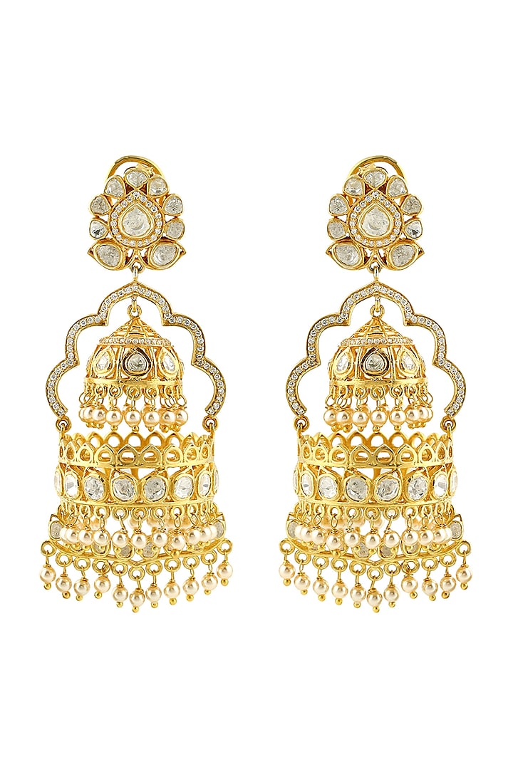Gold Finish Kundan & Pearl Meenakari Earrings In Sterling Silver by Zeeya Luxury Jewellery