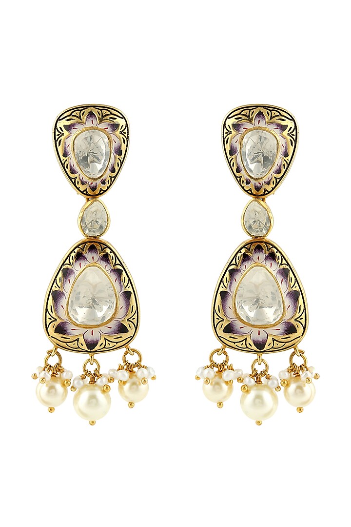 Gold Finish Kundan & Pearl Handcrafted Earrings In Sterling Silver by Zeeya Luxury Jewellery
