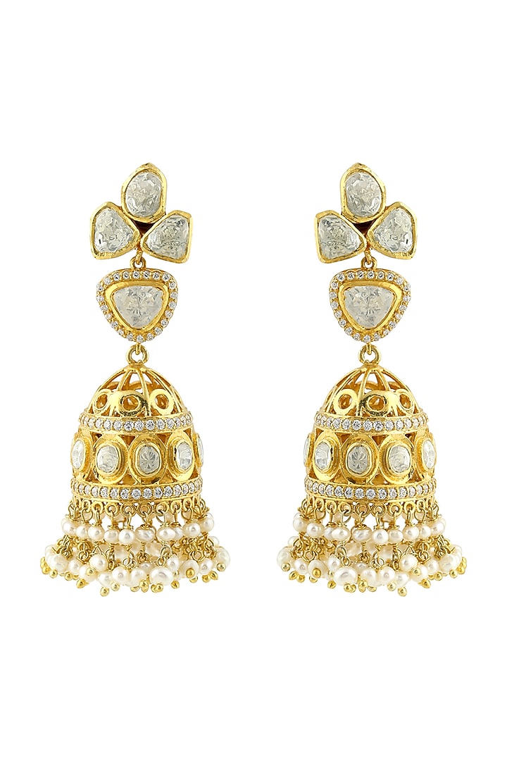 Gold Finish Handcrafted Kundan & Pearl Earrings In Sterling Silver by Zeeya Luxury Jewellery at Pernia's Pop Up Shop