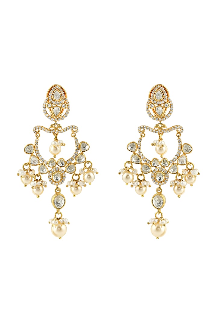 Gold Finish Meenakari Kundan & Pearl Earrings In Sterling Silver by Zeeya Luxury Jewellery