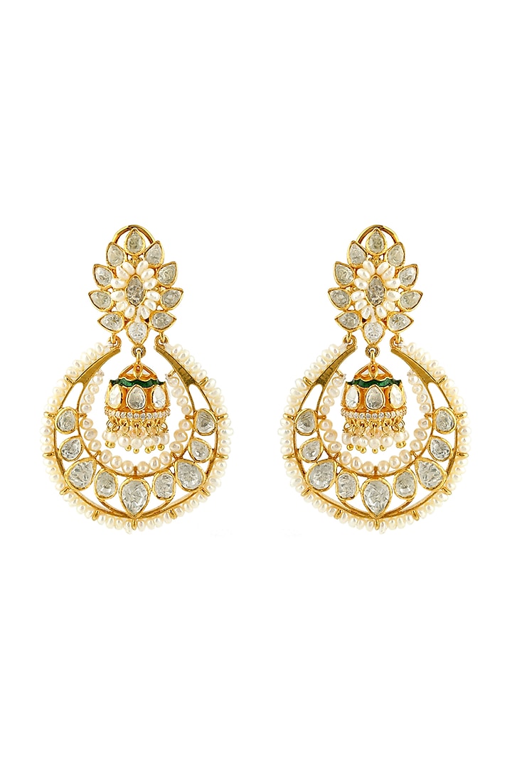 Gold Finish Meenakari Earrings With Pearl & Kundan In Sterling Silver by Zeeya Luxury Jewellery