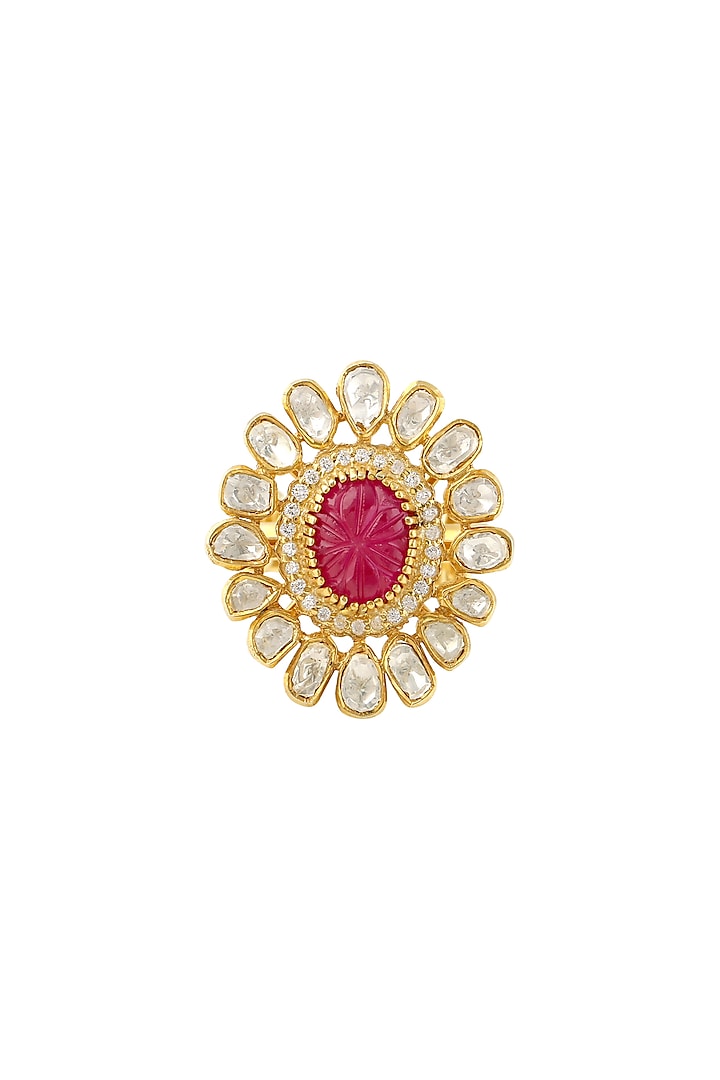 Gold Finish Ruby Adjustable Ring In Sterling Silver by Zeeya Luxury Jewellery at Pernia's Pop Up Shop