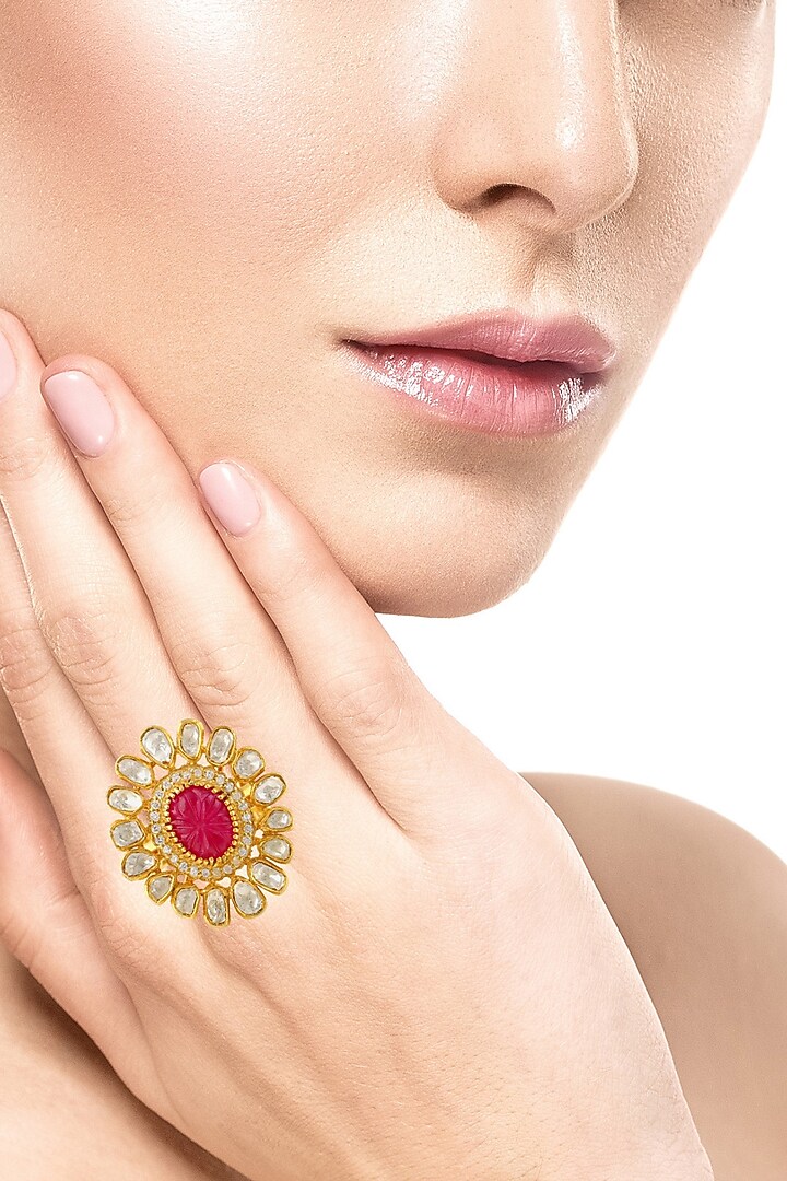 Gold Finish Ruby Adjustable Ring In Sterling Silver by Zeeya Luxury Jewellery at Pernia's Pop Up Shop