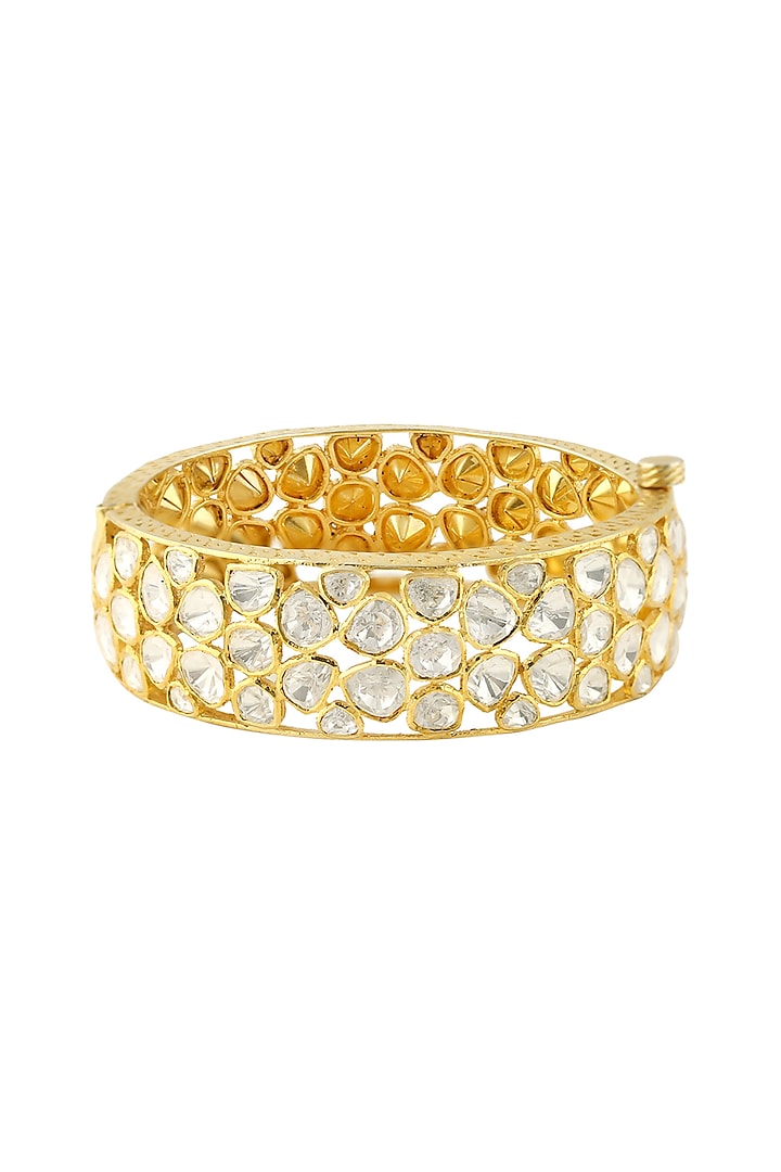 Gold Finish Kundan Openable Bangle In Sterling Silver by Zeeya Luxury Jewellery