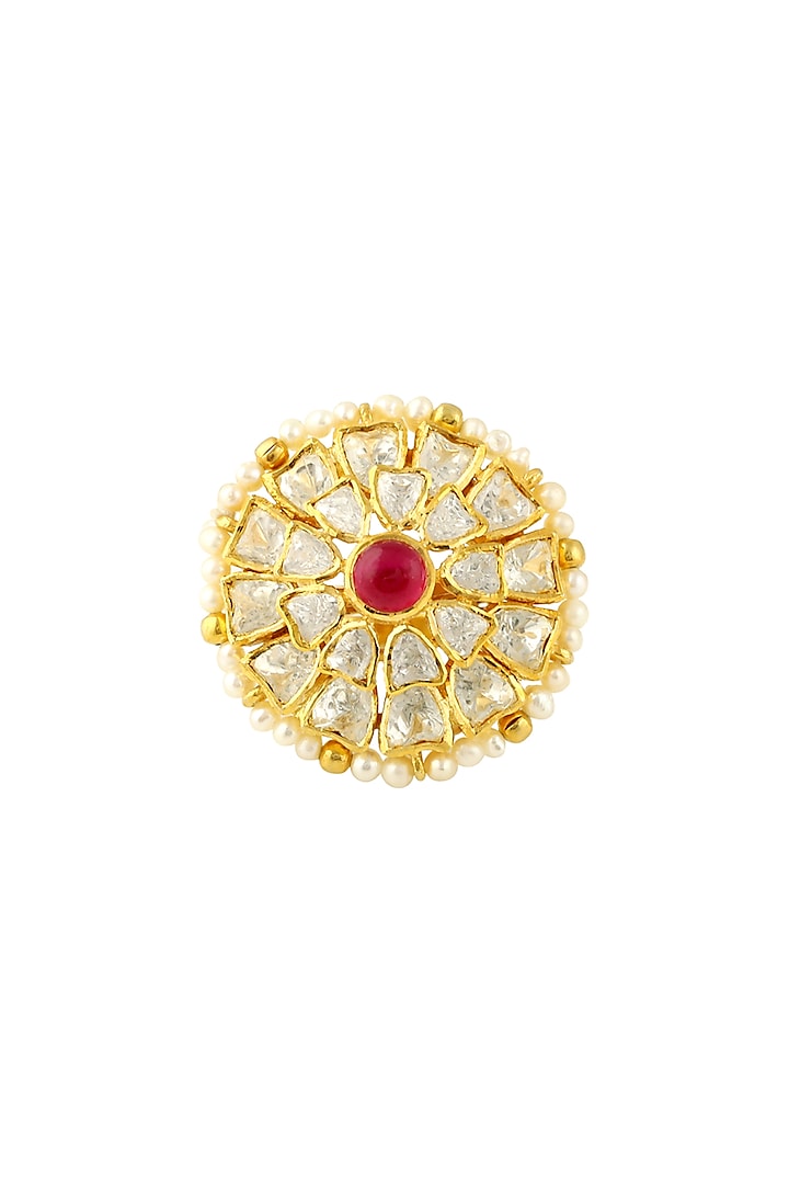 Gold Finish Ruby & Kundan Ring In Sterling Silver by Zeeya Luxury Jewellery