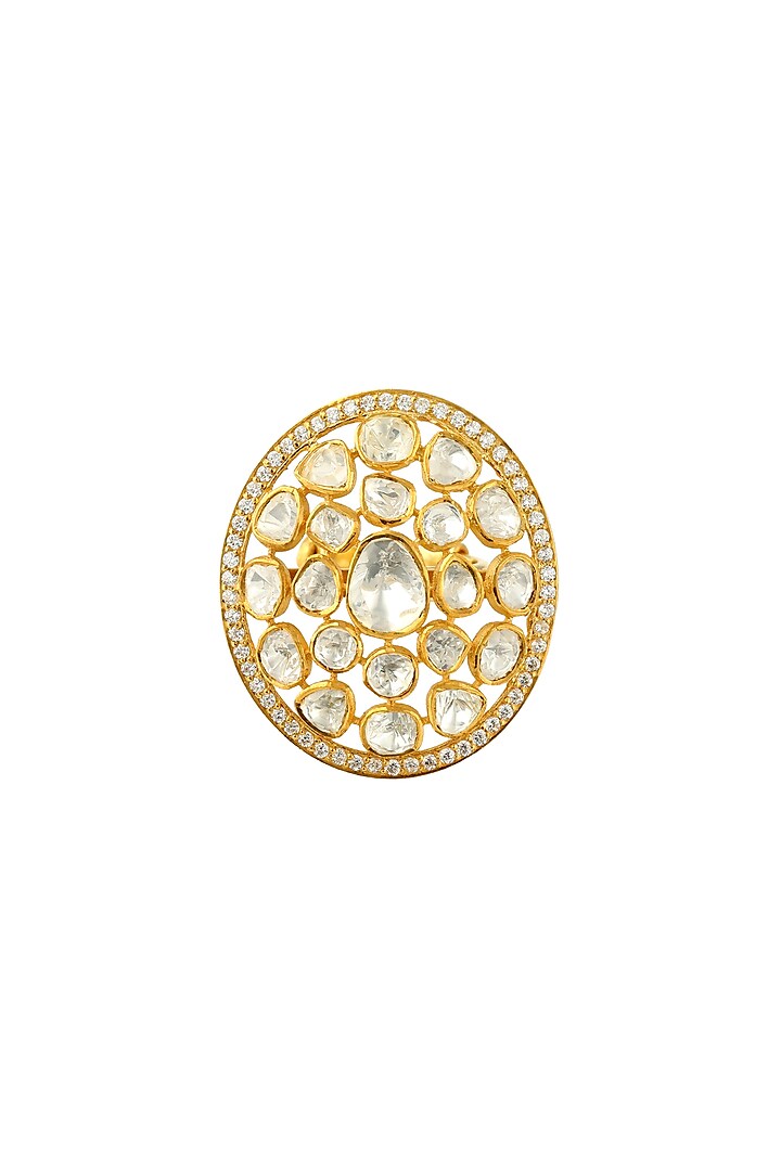 Gold Finish Adjustable Kundan Ring by Zeeya Luxury Jewellery