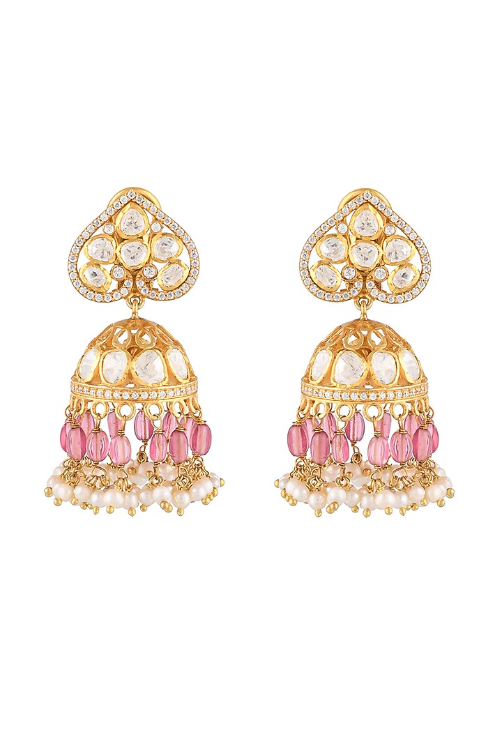 Gold Finish Semi-Precious Stone Jhumka Earrings In Sterling Silver by Zeeya Luxury Jewellery at Pernia's Pop Up Shop