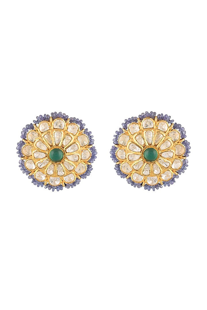 Gold Finish Kundan Polki & Green Semi-Precious Stud Earrings In Sterling Silver by Zeeya Luxury Jewellery at Pernia's Pop Up Shop