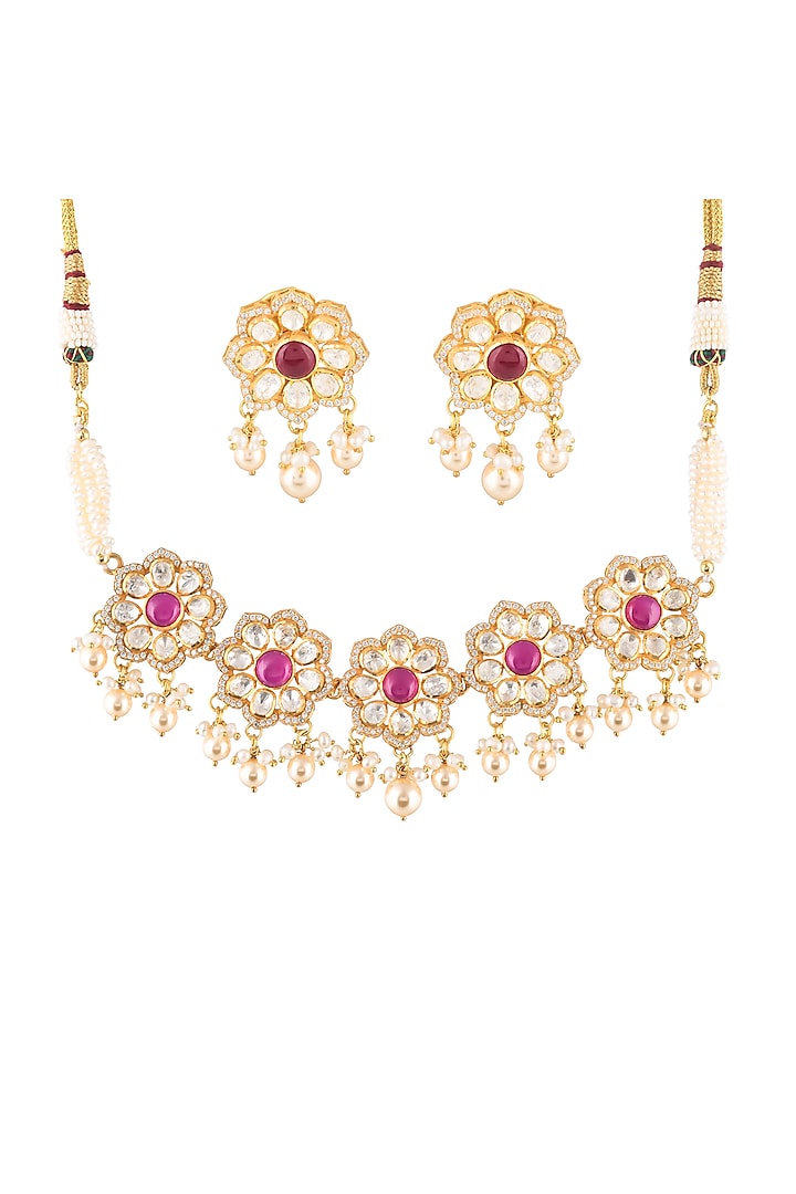 Gold Finish Semi-Precious Ruby Stone Necklace Set In Sterling Silver by Zeeya Luxury Jewellery