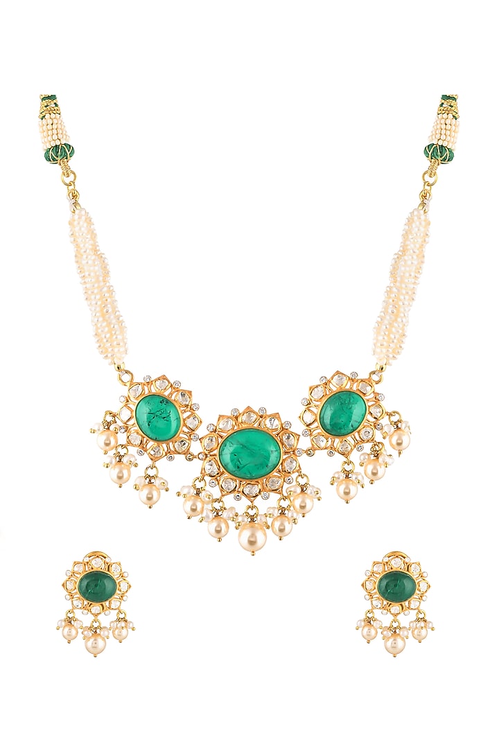 Gold Finish Semi-Precious Emerald Stone Necklace Set In Sterling Silver by Zeeya Luxury Jewellery at Pernia's Pop Up Shop
