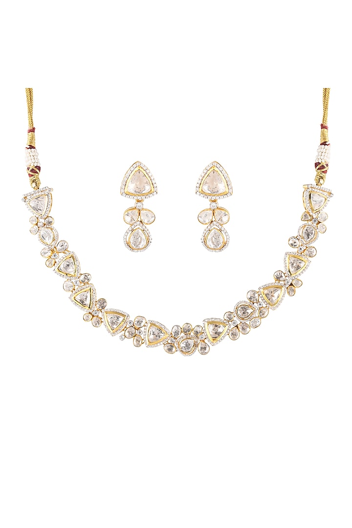 Gold Finish Kundan Polki Necklace Set In Sterling Silver by Zeeya Luxury Jewellery