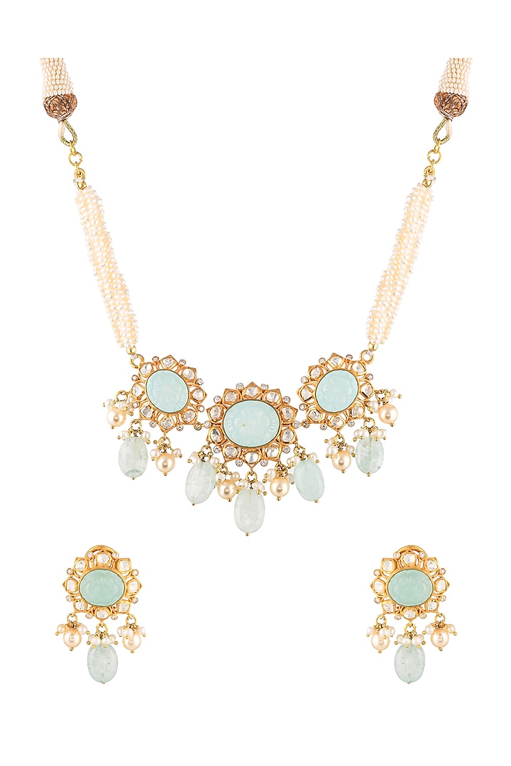 Gold Finish Synthetic Stones Choker Necklace Set In Sterling Silver by Zeeya Luxury Jewellery
