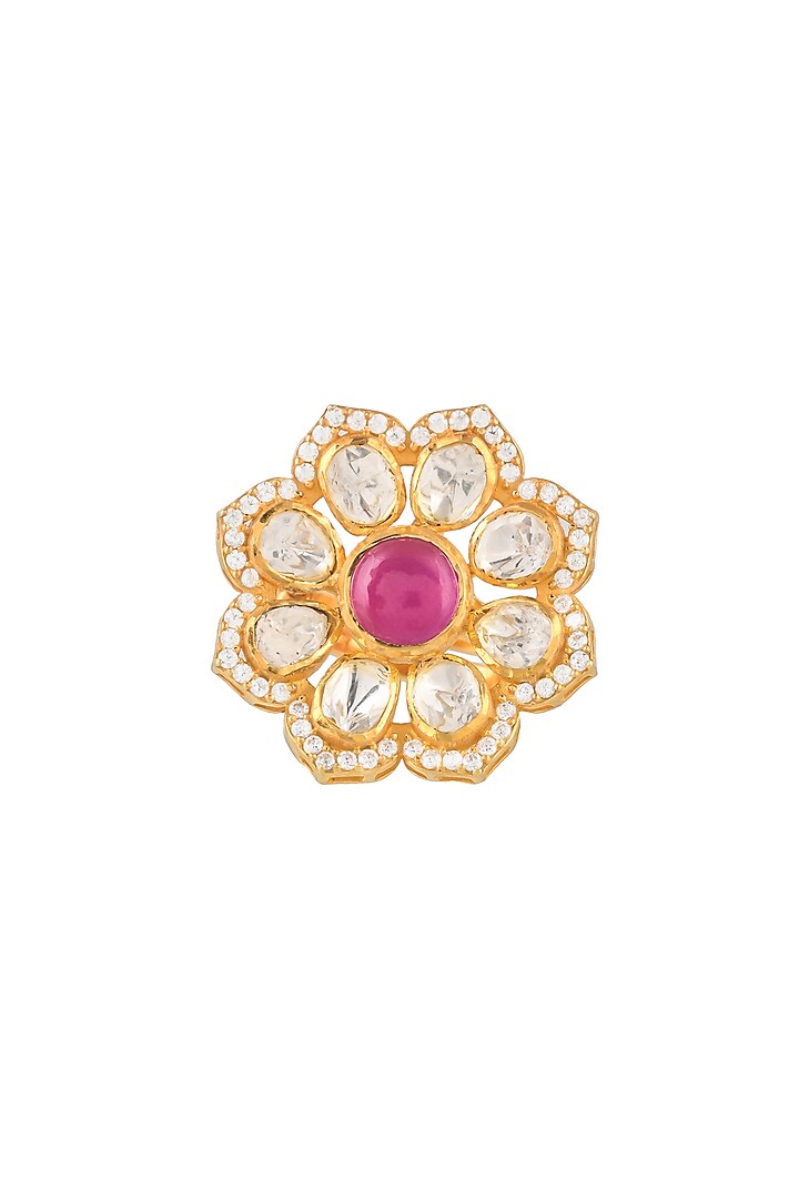 Gold Finish Kundan Polki Ring In Sterling Silver by Zeeya Luxury Jewellery