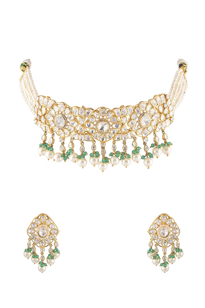 Gold Finish Semi-Precious Emerald Stones Choker Necklace Set In Sterling Silver by Zeeya Luxury Jewellery