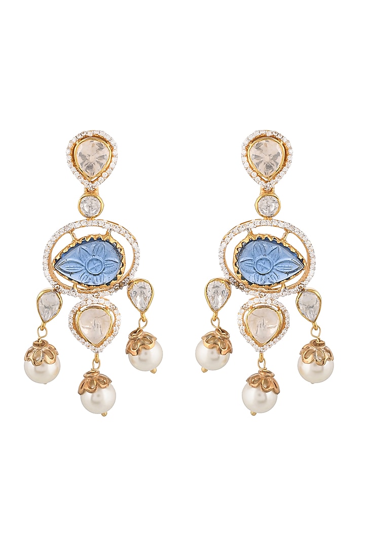 Gold Finish Kundan Polki Chandbali Earrings In Sterling Silver by Zeeya Luxury Jewellery