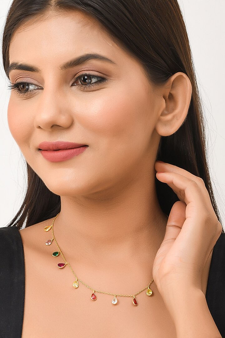 Gold Finish Semi-Precious Synthetic Stones Necklace In Sterling Silver by Zeeya Luxury Jewellery at Pernia's Pop Up Shop