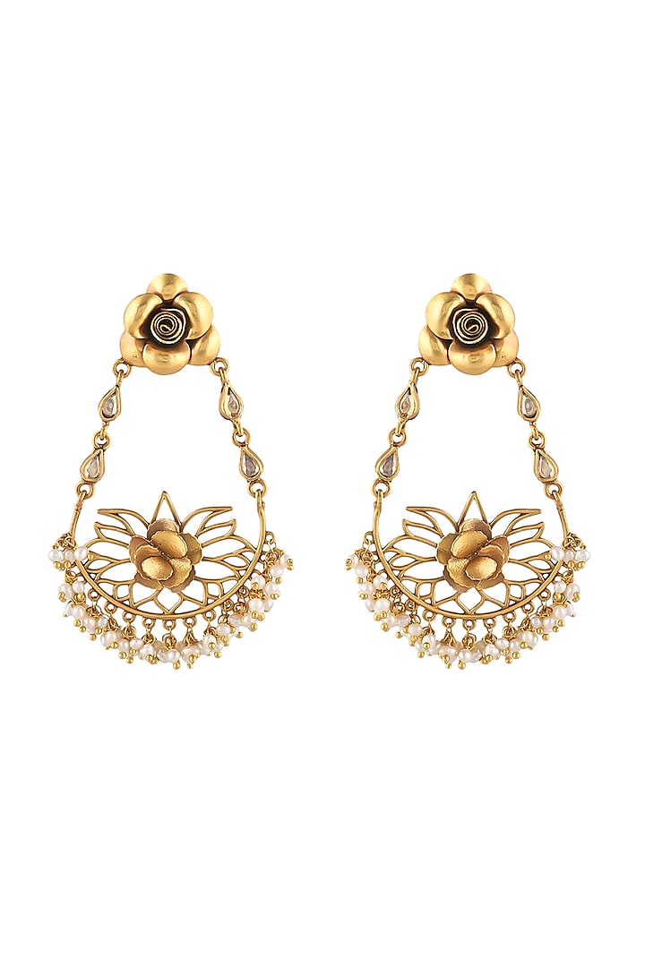 Gold Finish Kundan Polki & Pearl Chandbali Earrings In Sterling Silver by Zeeya Luxury Jewellery