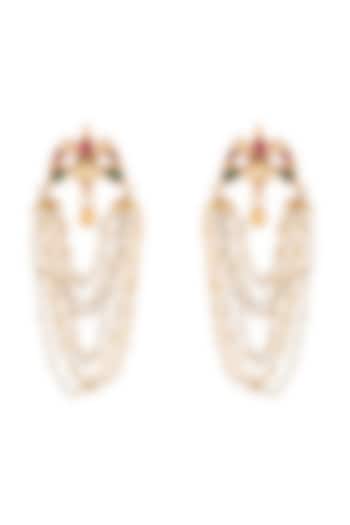 Gold Finish Kundan Polki & Pearls Dangler Earrings In Sterling Silver by Zeeya Luxury Jewellery