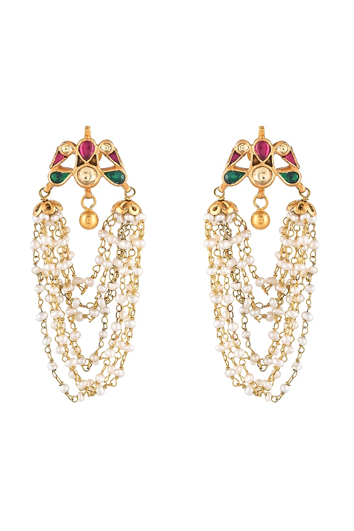 Gold Finish Kundan Polki & Pearls Dangler Earrings In Sterling Silver by Zeeya Luxury Jewellery at Pernia's Pop Up Shop