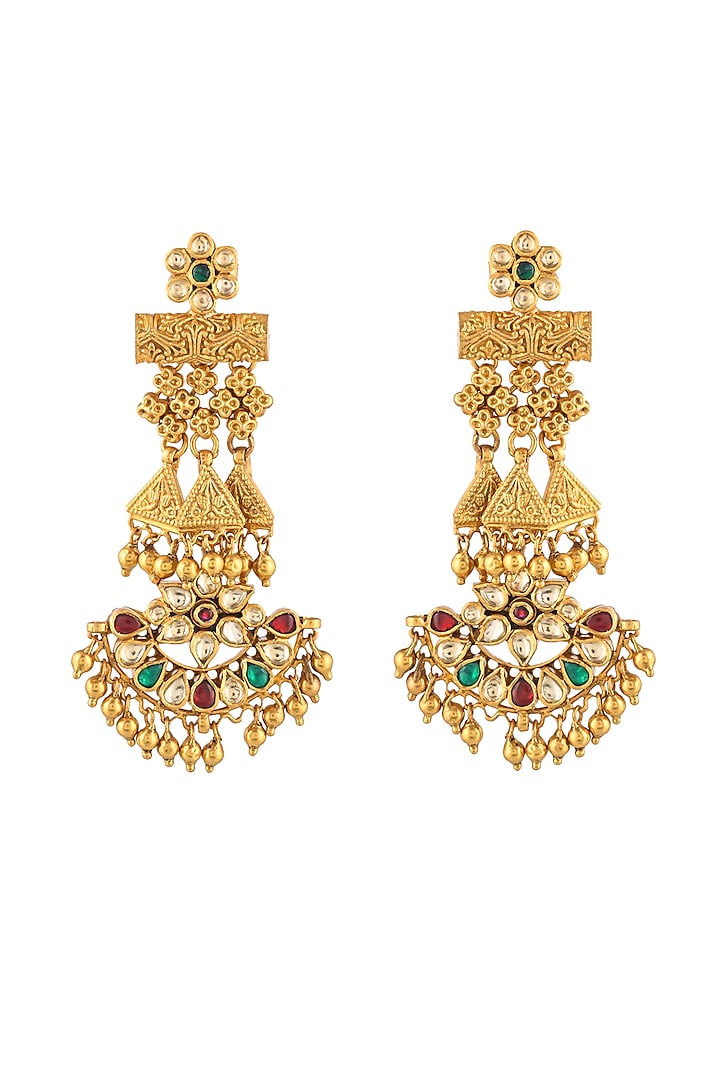 Gold Finish Kundan Polki Chandbali Earrings In Sterling Silver by Zeeya Luxury Jewellery