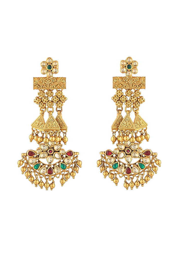 Gold Finish Kundan Polki Chandbali Earrings In Sterling Silver by Zeeya Luxury Jewellery at Pernia's Pop Up Shop