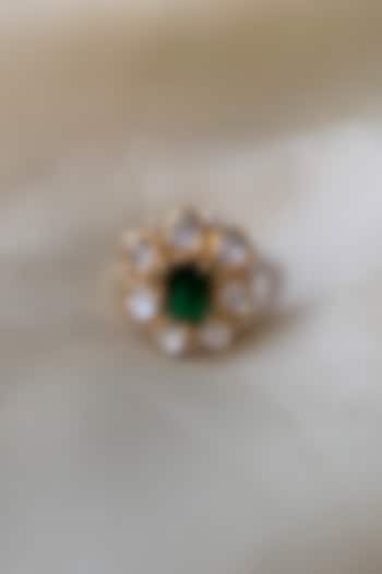 Gold Plated Green Semi-Precious Stone & Moissanite Polki Ring In Sterling Silver by Zeeya Luxury Jewellery