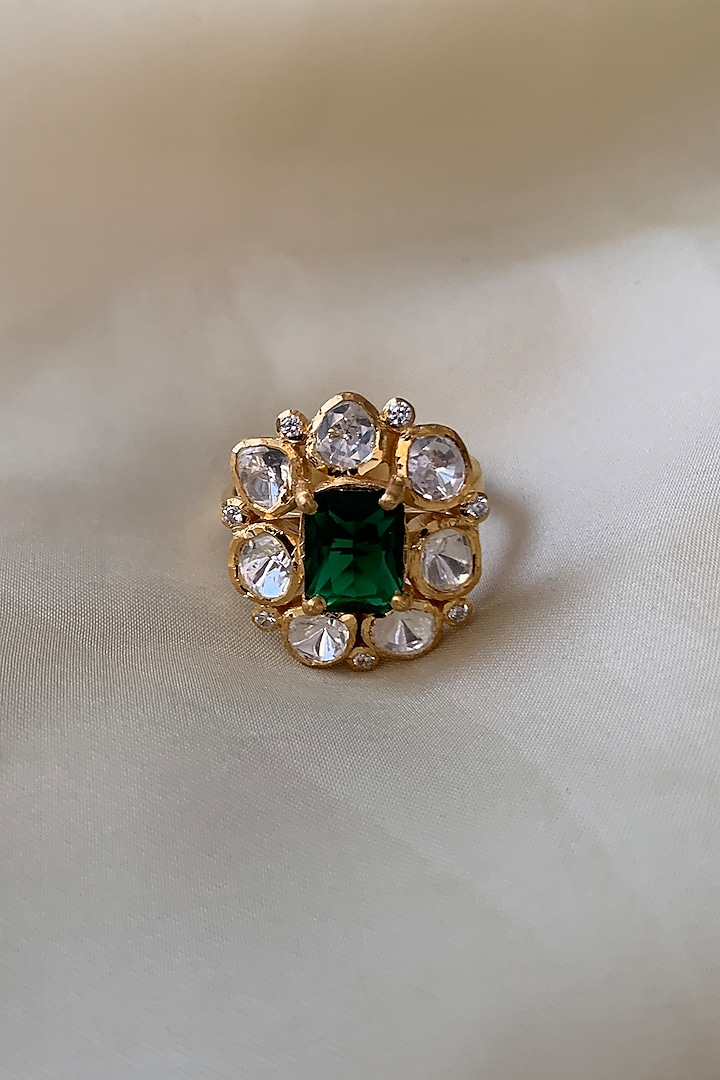 Gold Plated Green Semi-Precious Stone & Moissanite Polki Ring In Sterling Silver by Zeeya Luxury Jewellery