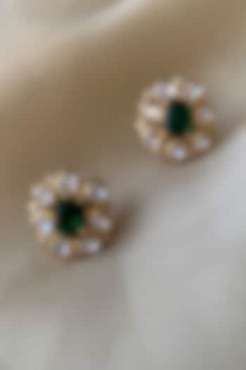 Gold Plated Green Semi-Precious Stone & Moissanite Polki Stud Earrings In Sterling Silver by Zeeya Luxury Jewellery