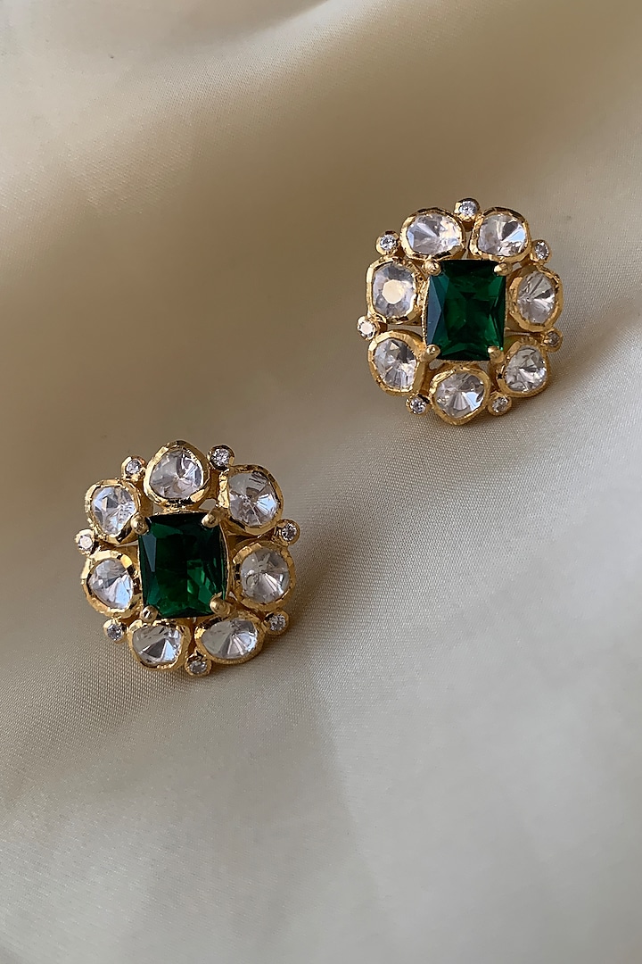 Gold Plated Green Semi-Precious Stone & Moissanite Polki Stud Earrings In Sterling Silver by Zeeya Luxury Jewellery