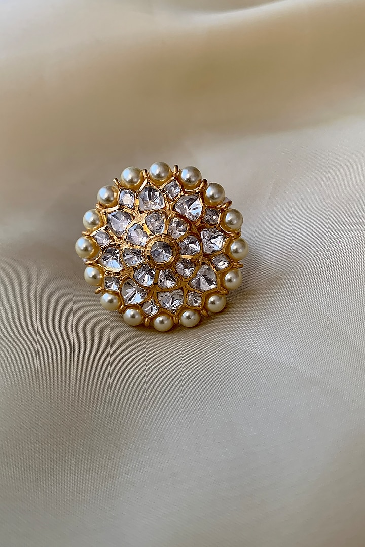 Gold Plated Semi-Precious Stone & Moissanite Polki Ring In Sterling Silver by Zeeya Luxury Jewellery