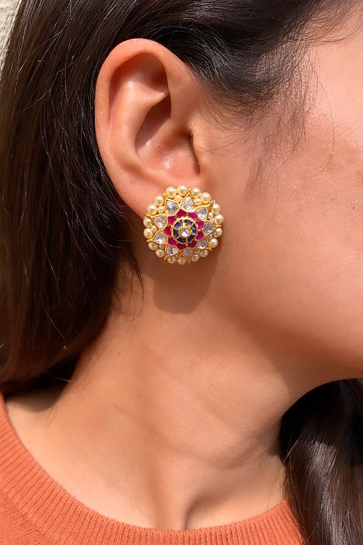 Gold Plated Semi-Precious Stone & Moissanite Polki Stud Earrings In Sterling Silver by Zeeya Luxury Jewellery