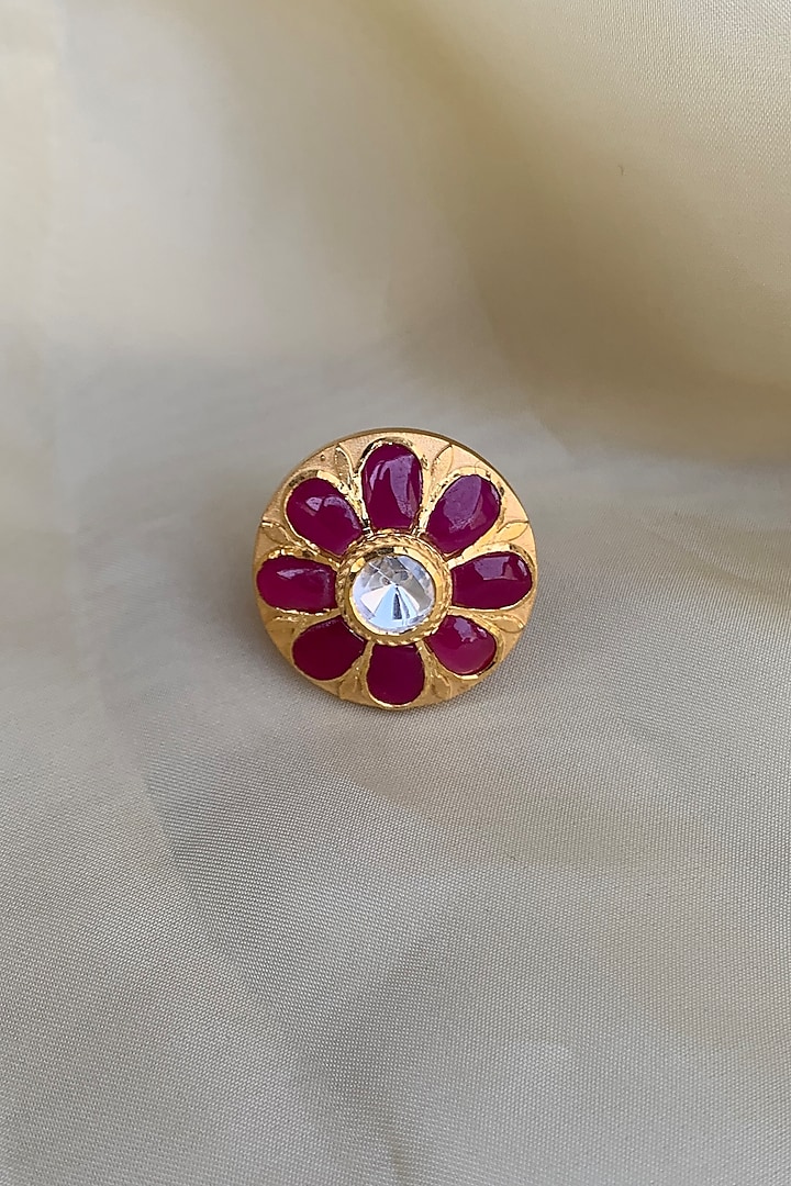 Gold Plated Pink Semi-Precious Stone & Moissanite Polki Ring In Sterling Silver by Zeeya Luxury Jewellery