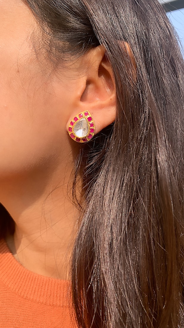 Gold Plated Pink Semi-Precious Stone & Moissanite Polki Stud Earrings In Sterling Silver by Zeeya Luxury Jewellery