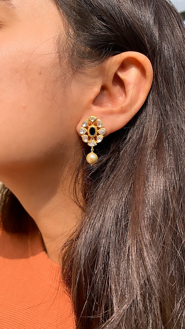 Gold Plated Blue Semi-Precious Stone & Moissanite Polki Stud Earrings In Sterling Silver by Zeeya Luxury Jewellery