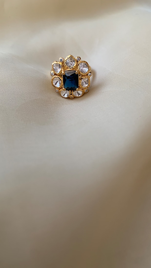 Gold Plated Blue Semi-Precious Stone & Moissanite Polki Ring In Sterling Silver by Zeeya Luxury Jewellery