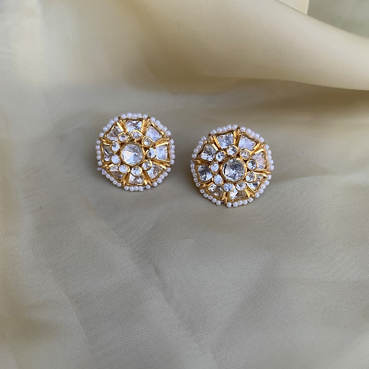 Gold Plated Semi-Precious Stone & Moissanite Polki Stud Earrings In Sterling Silver by Zeeya Luxury Jewellery