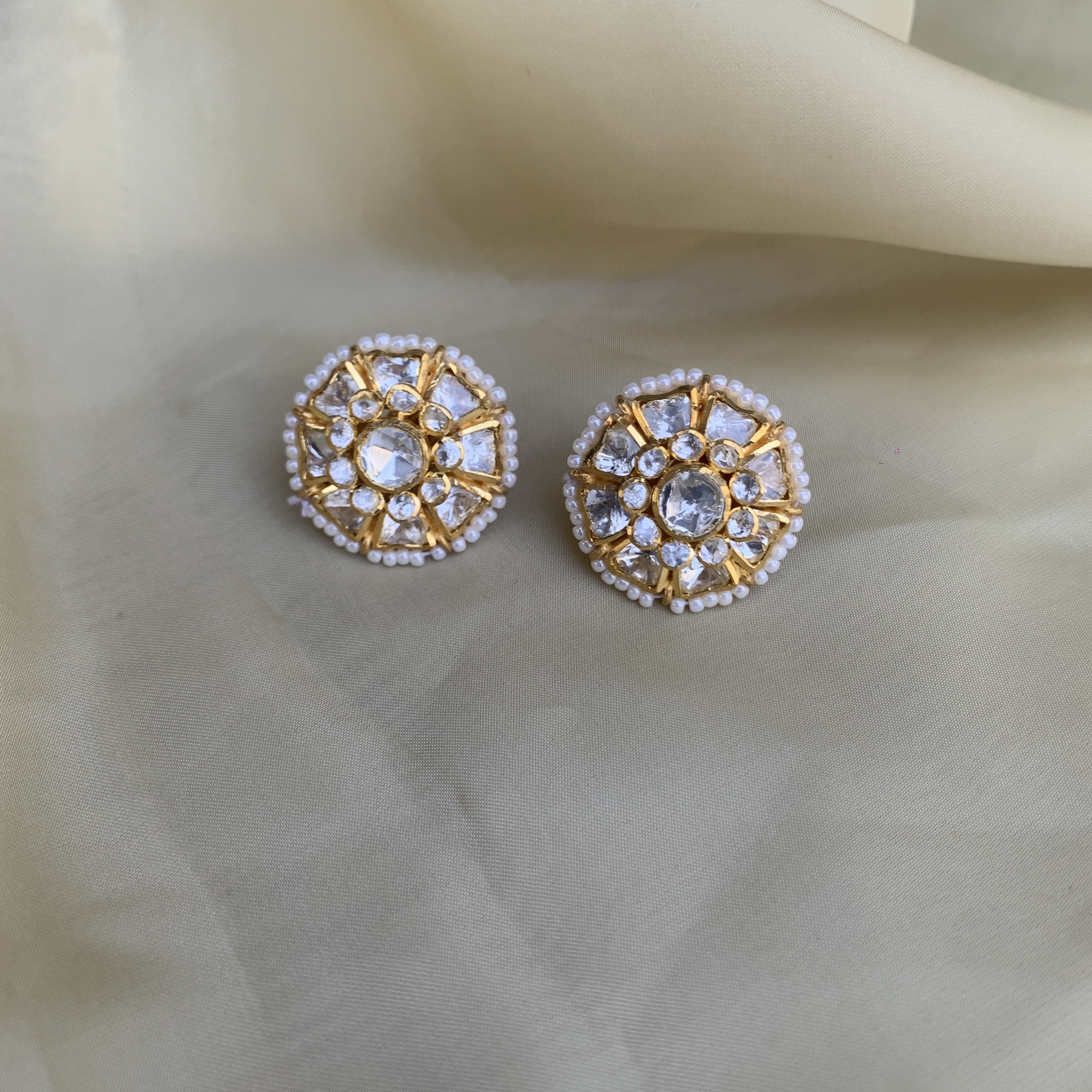 Gold Plated Semi-Precious Stone & Moissanite Polki Stud Earrings In Sterling Silver by Zeeya Luxury Jewellery