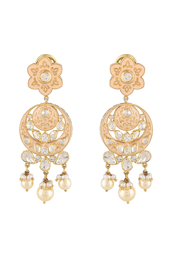 Gold Finish Moissanite Kundan Polki Earrings In Sterling Silver by Zeeya Luxury Jewellery