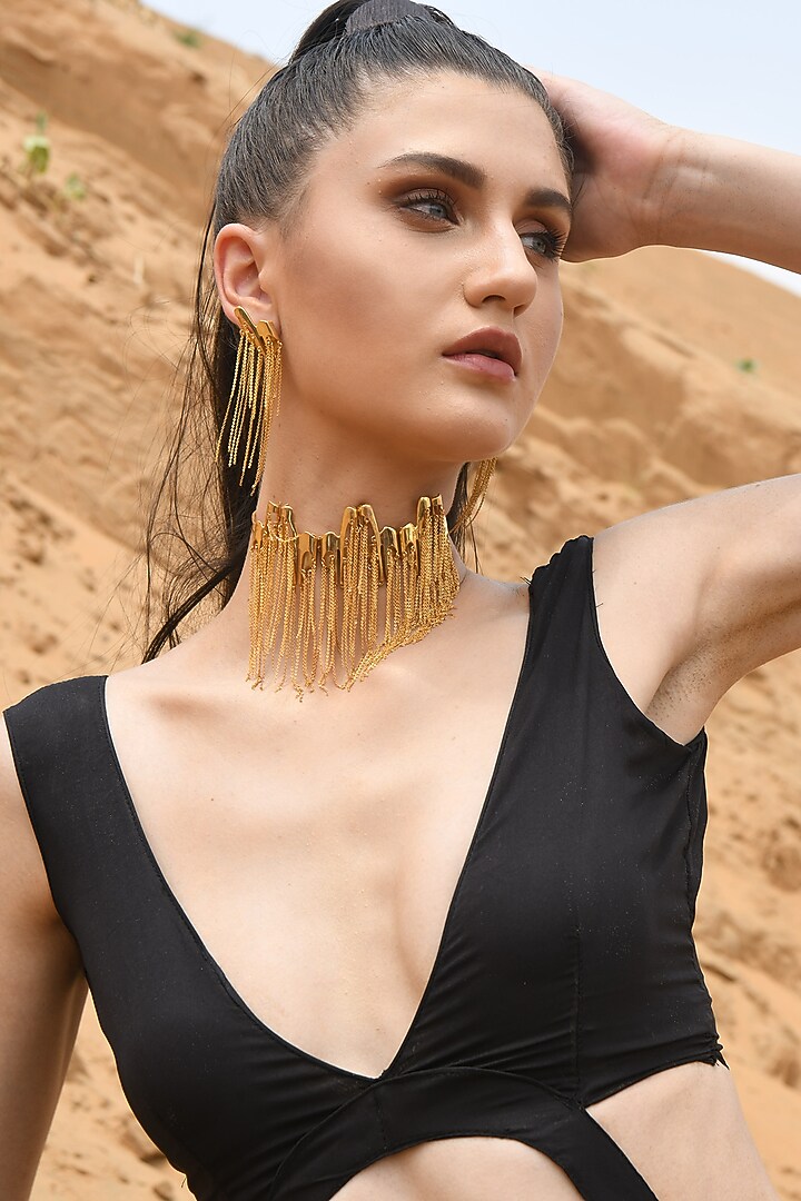 Gold Finish Mercury Clasique Statement Dangler Earrings In Sterling Silver by Zoharet at Pernia's Pop Up Shop