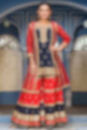 Navy Blue & Red Rayon Sharara Set by Zolo Label