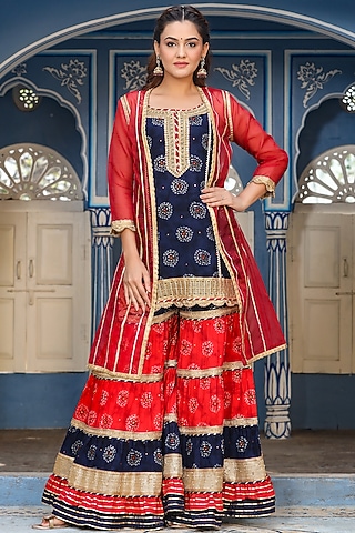 Navy Blue & Red Rayon Sharara Set by Zolo Label
