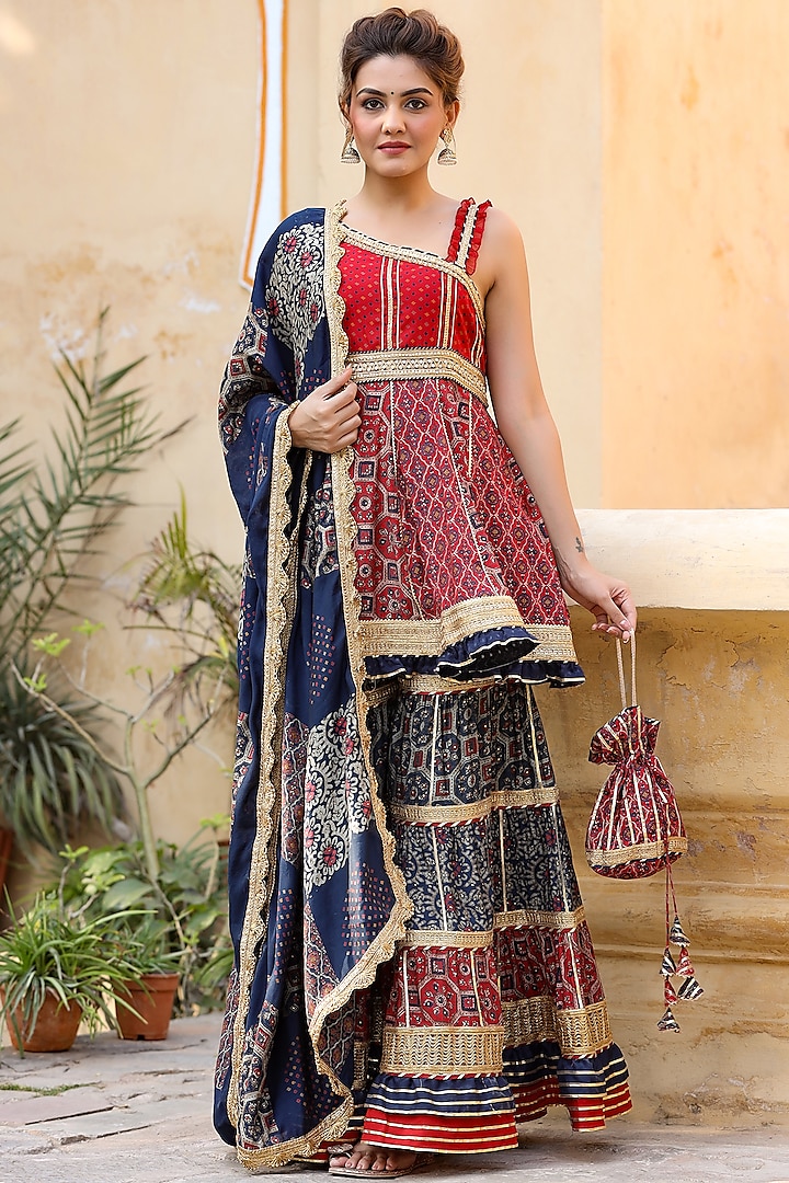 Navy Blue & Red Cotton Sharara Set by Zolo Label