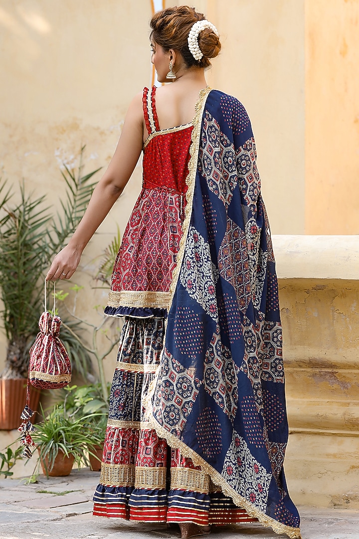 Navy Blue & Red Cotton Sharara Set by Zolo Label at Pernia's Pop Up Shop