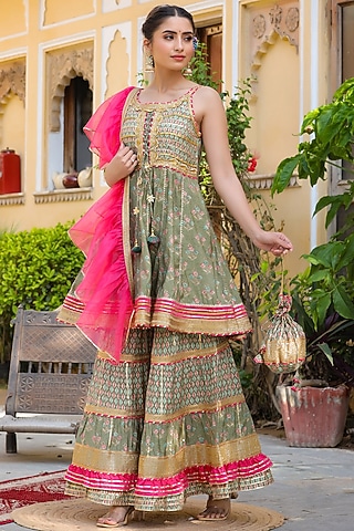 Olive Green Cotton Sharara Set by Zolo Label