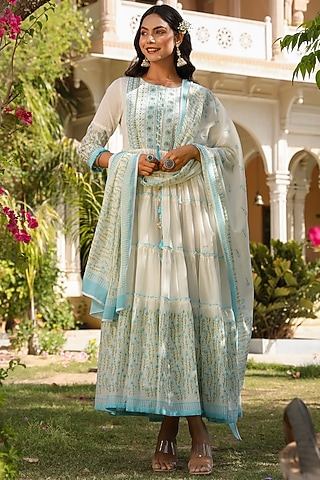 White & Blue Embroidered Anarkali Set by Zolo Label