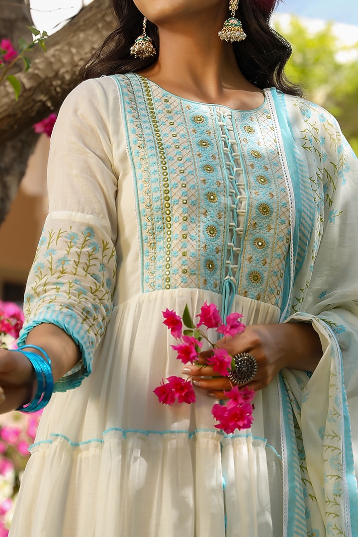White & Blue Embroidered Anarkali Set by Zolo Label at Pernia's Pop Up Shop